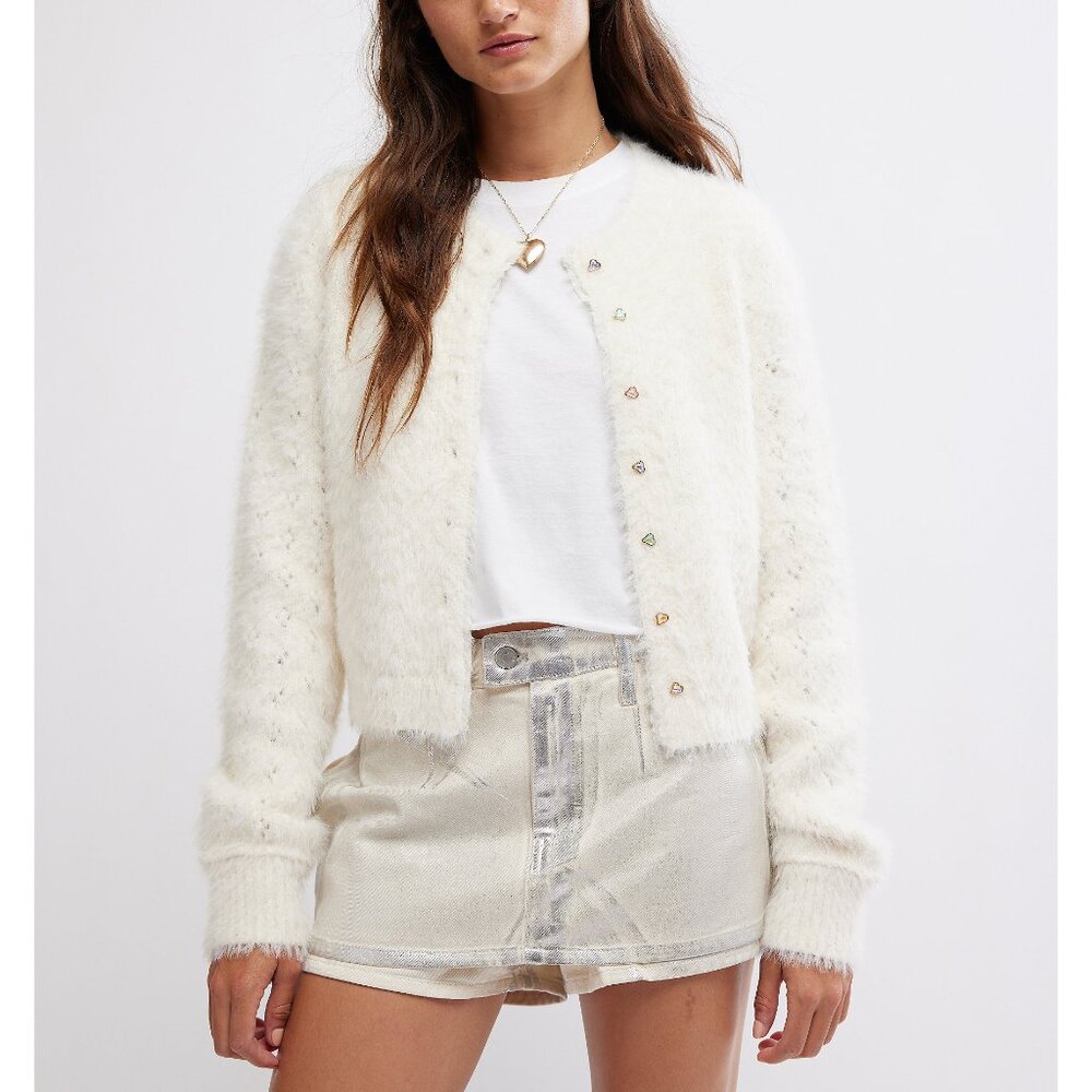 Free People Celeste Cardi Ivory -Fuzzy Cardigan NWOT